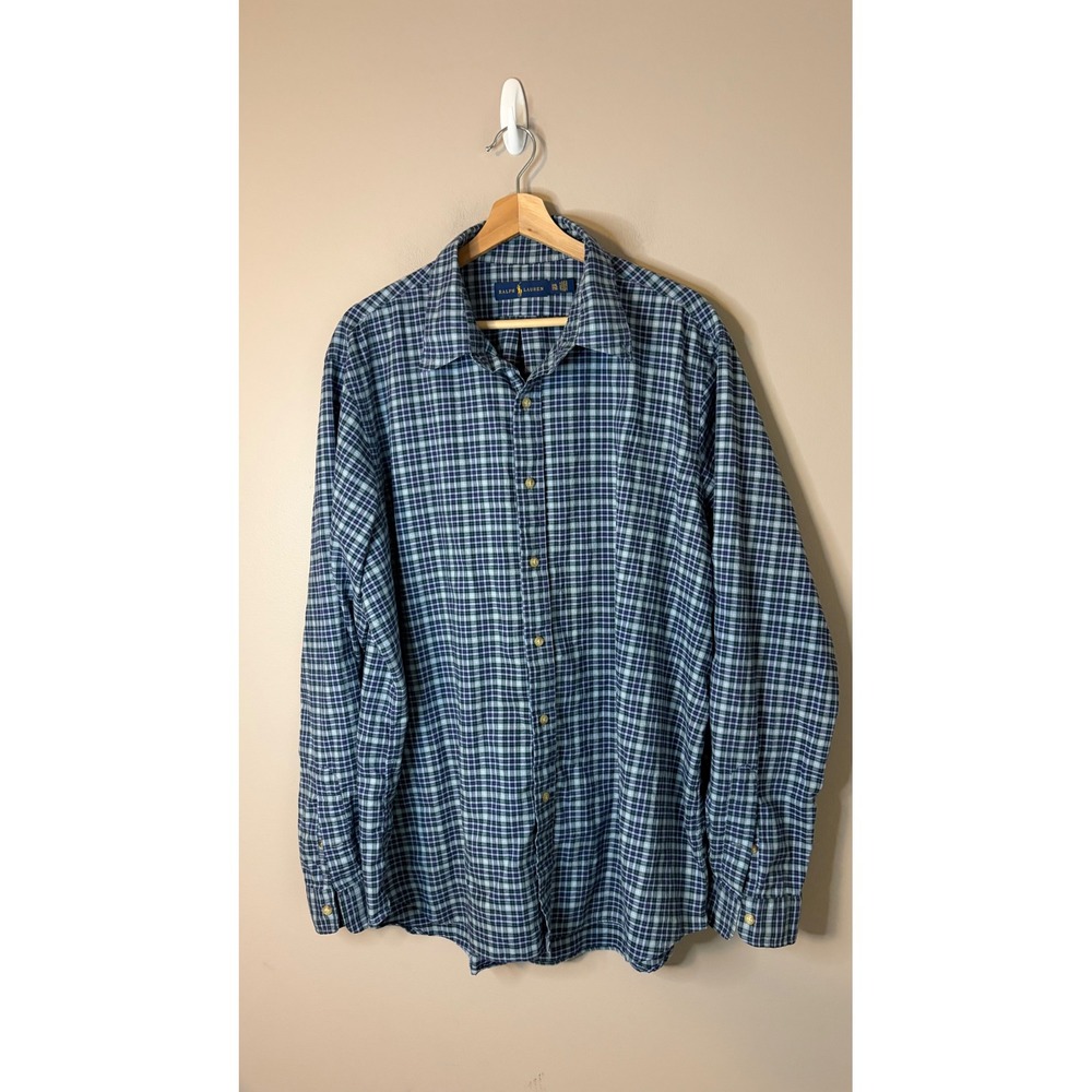 Ralph Lauren Button Down Shirt Mens XXL Blue Plaid Excellent Long Sleeve Cotton